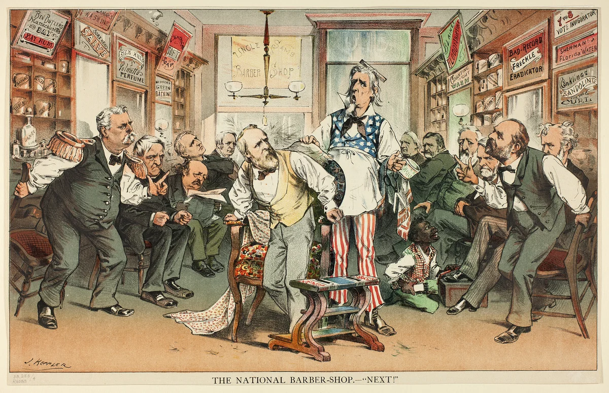 The National Barber Shop - Next by Joseph Keppler, print, 1858-1894