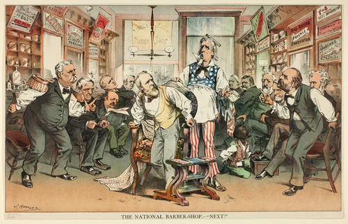 The National Barber Shop - Next by Joseph Keppler, print, 1858-1894