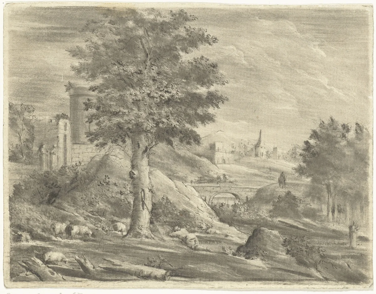Landschap met herder en schapen by Jurriaan Cootwijck, print, 1724-1798