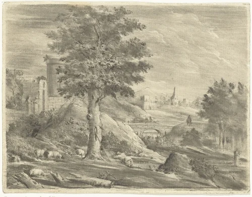 Landschap met herder en schapen by Jurriaan Cootwijck, print, 1724-1798