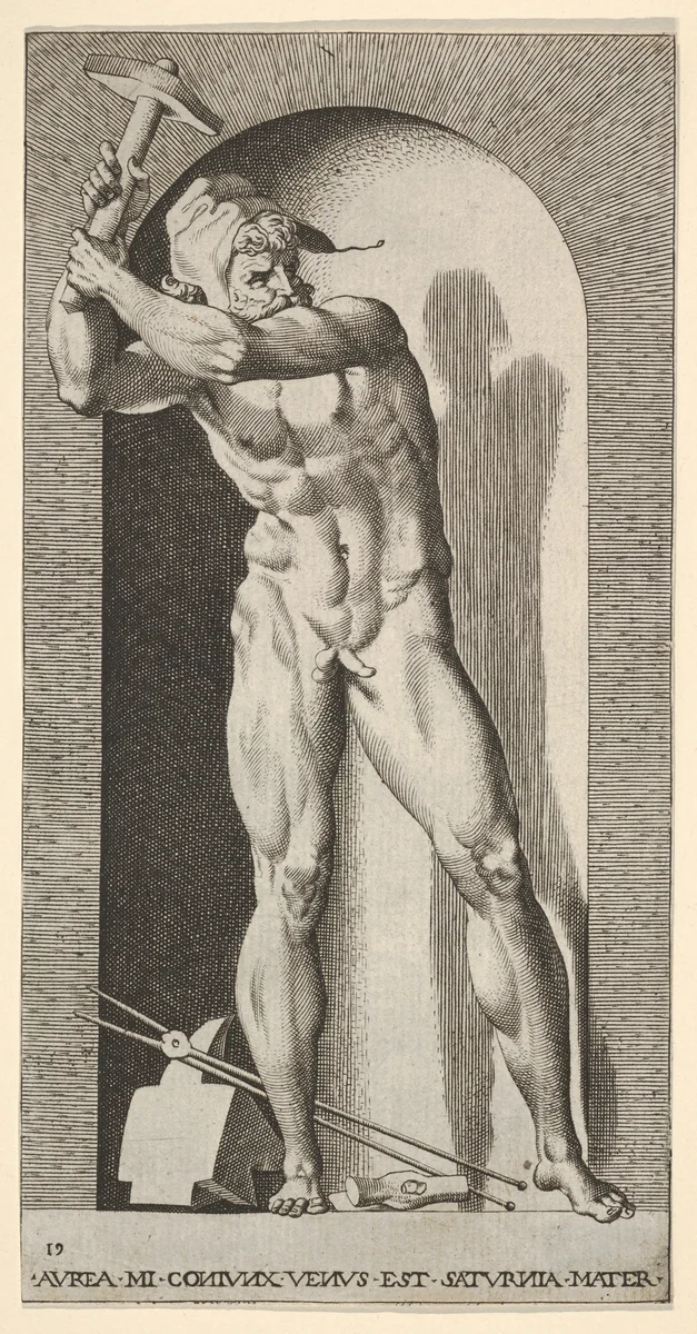 Plate 19: Vulcan standing in a niche swinging a hammer, with an anvil, hammer, and tongs at his feet, from "Mythological Gods and Goddesses" by Giovanni Jacopo Caraglio, print, 1526
