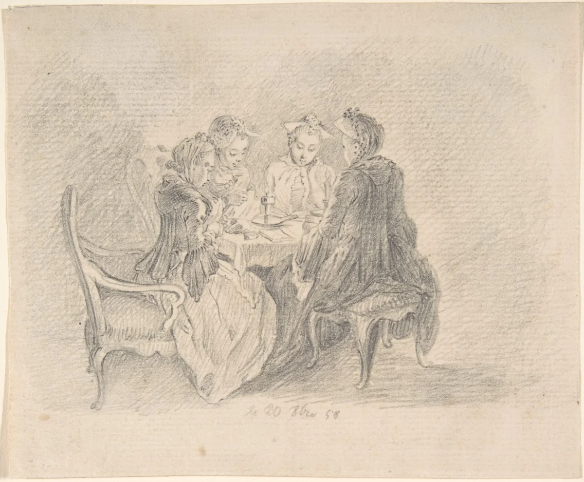 Four Ladies Sitting around a Table Occupied with Needlework, Reading, and Writing (recto); Study of a Woman with Needlework (verso) by Daniel Nikolaus Chodowiecki, drawing, 1758