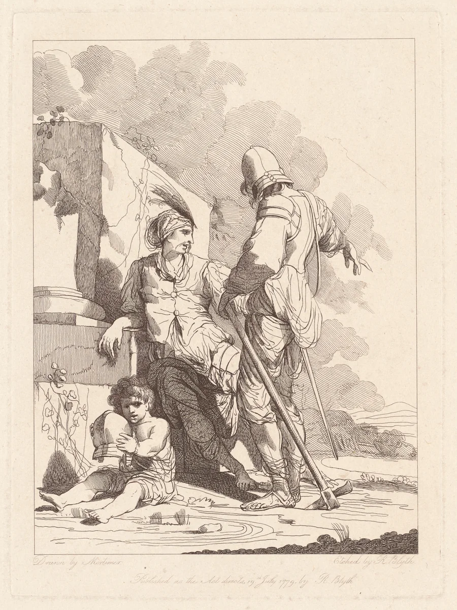 Two Soldiers and Child Holding a Helmet by Robert Blyth
John Hamilton Mortimer, print, 1779