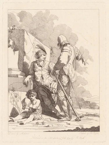 Two Soldiers and Child Holding a Helmet by Robert Blyth
John Hamilton Mortimer, print, 1779