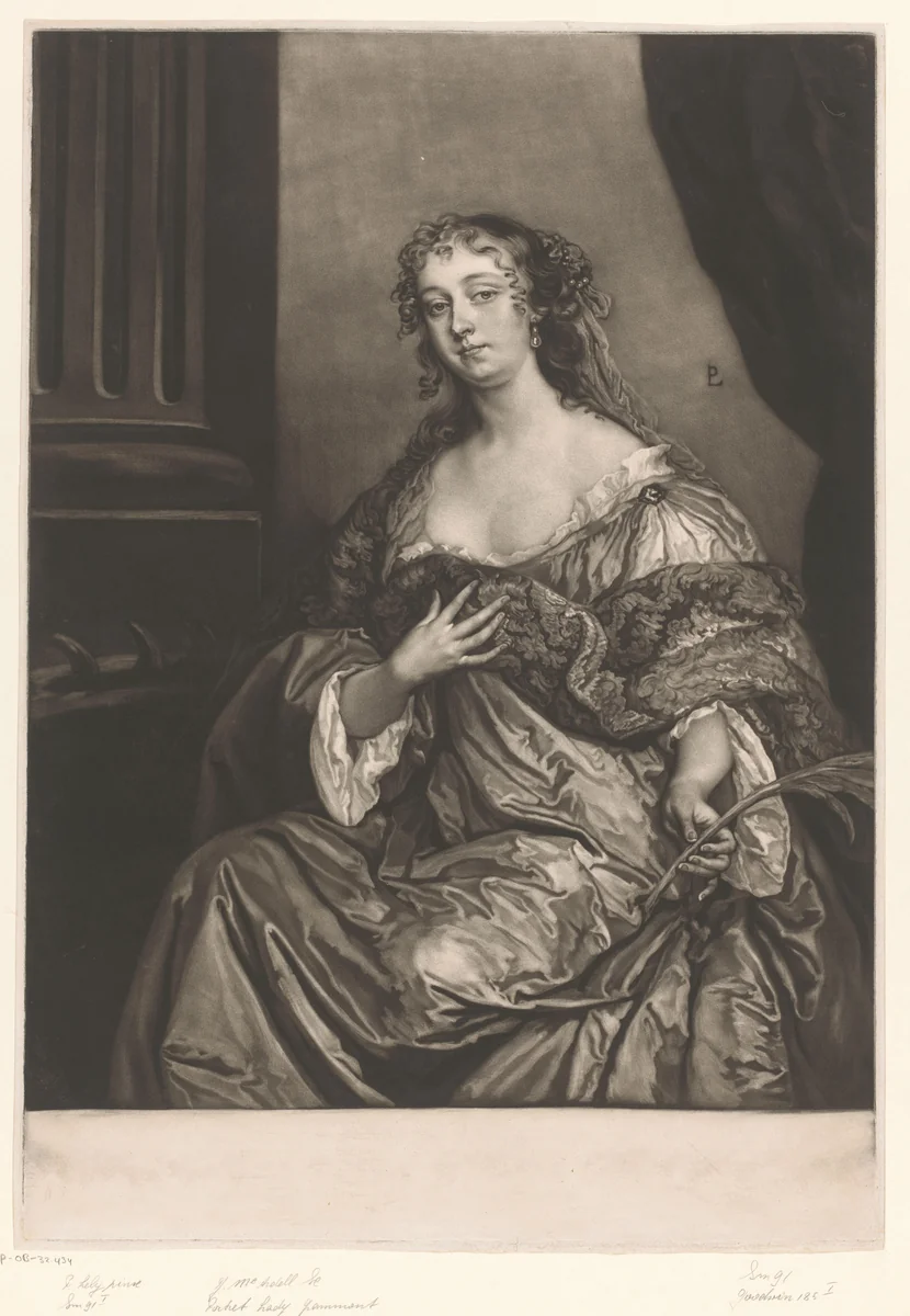 Portret van Elizabeth Hamilton als de H. Catharina by James McArdell, print, 1745-1765