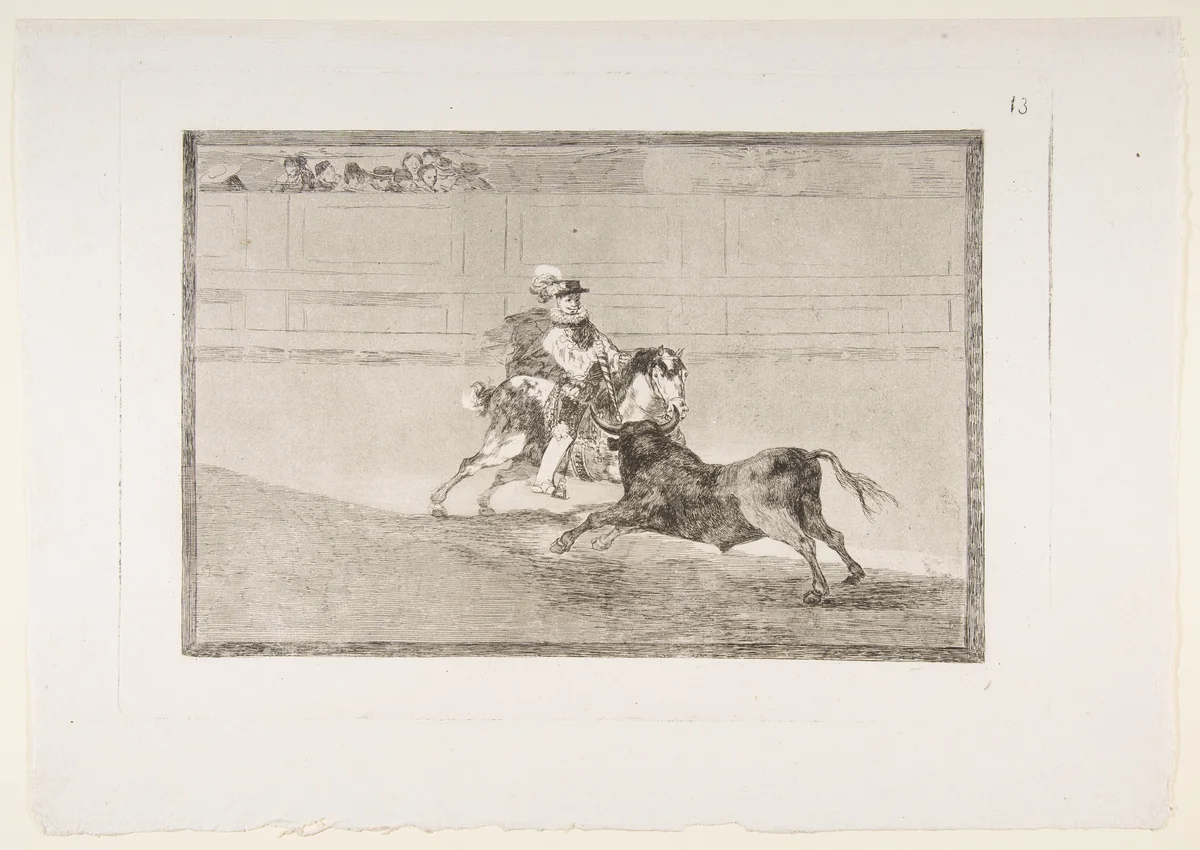 Plate 13 of "La Tauromaquia": A Spanish mounted knight in the ring breaking short spears without the help of assistants by Goya, print, 1816