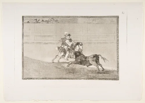 Plate 13 of "La Tauromaquia": A Spanish mounted knight in the ring breaking short spears without the help of assistants by Goya, print, 1816