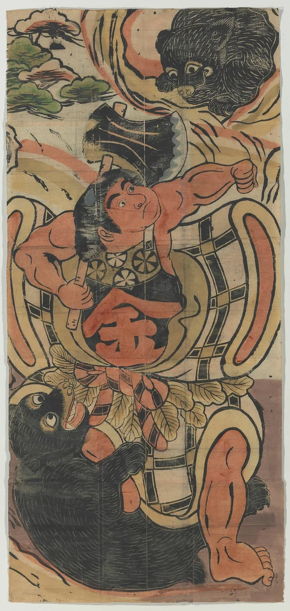 Banner Depicting Kintaro Battling Bears by Artist Unknown, print, 1701-1800