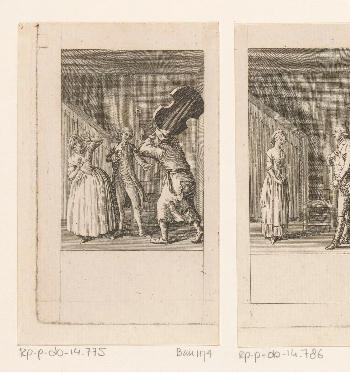 Miller dreigt Ferdinand met een cello te slaan by Daniel Nikolaus Chodowiecki, print, 1785