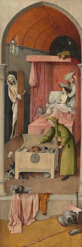 Death and the Miser by Hieronymus Bosch, painting, 1485-1490