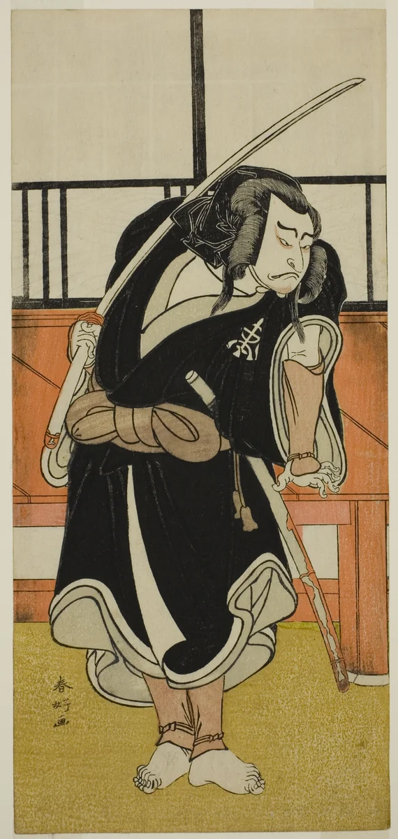 The Actor Nakamura Nakazo I as Aso no Matsuwaka (?) in the Play Iro Moyo Aoyagi Soga (?), Performed at the Nakamura Theater (?) in the Second Month, 1775 (?) by Katsukawa Shunko, print, 1770-1780