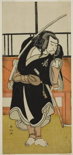 The Actor Nakamura Nakazo I as Aso no Matsuwaka (?) in the Play Iro Moyo Aoyagi Soga (?), Performed at the Nakamura Theater (?) in the Second Month, 1775 (?) by Katsukawa Shunko, print, 1770-1780