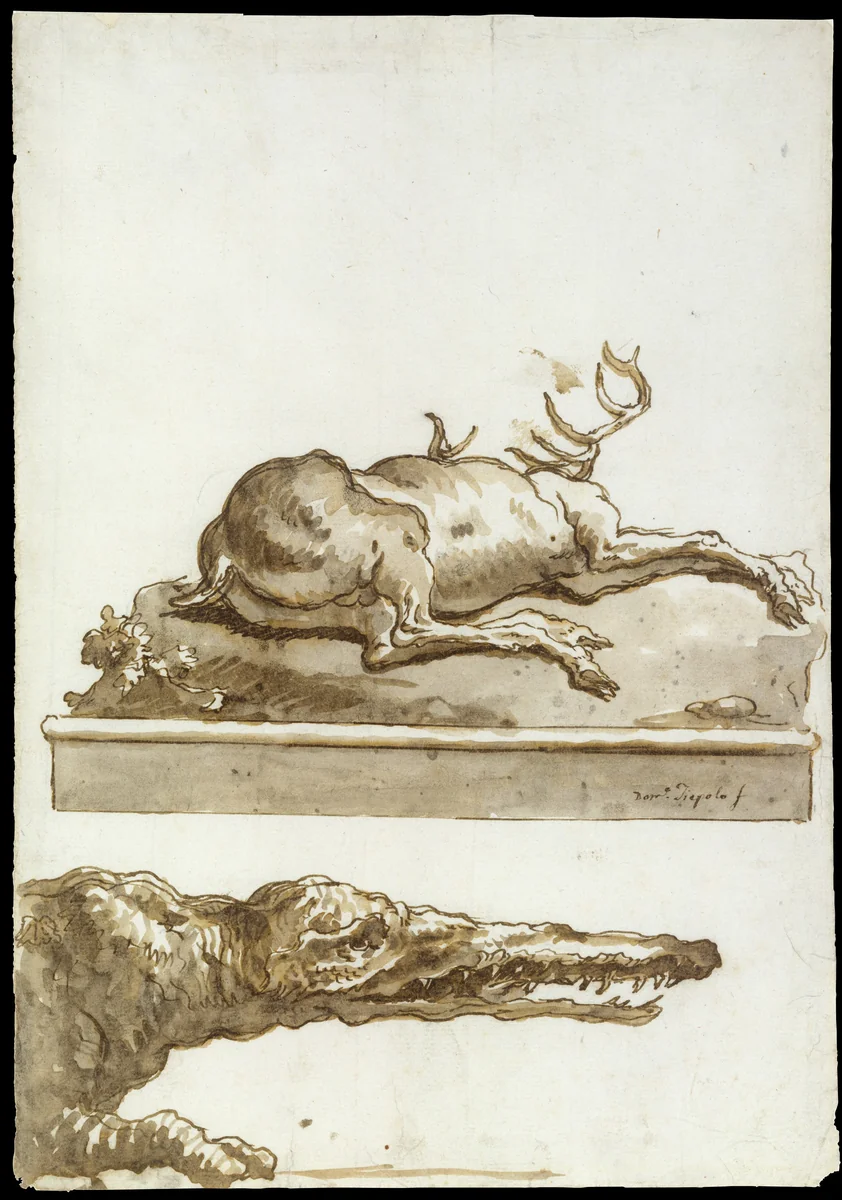 A Stag Lying Down (on a base): The Head of a Crocodile by Giovanni Domenico Tiepolo, drawing, 1770-1804