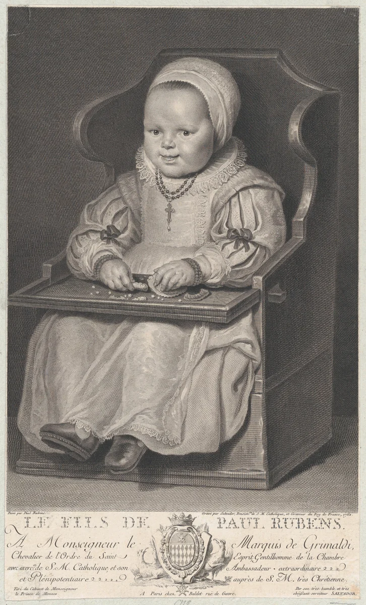 Portrait of one of Cornelis de Vos' children (probably), seated in a baby chair by Manuel Salvador Carmona, print, 1762