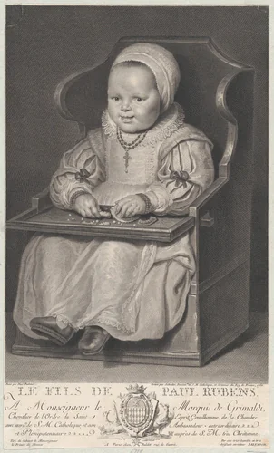 Portrait of one of Cornelis de Vos' children (probably), seated in a baby chair by Manuel Salvador Carmona, print, 1762