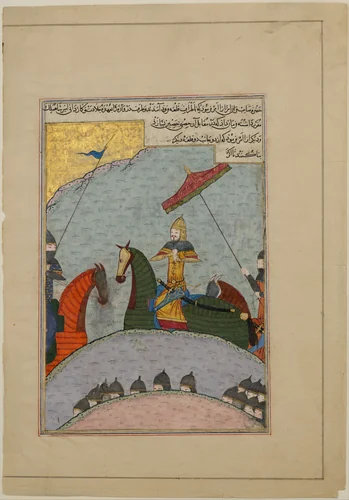 "Timur before Battle", Folio from a Dispersed Copy of the Zafarnama (Book of Victories) of Sharaf al-din 'Ali Yazdi by Sharaf al-din 'Ali Yazdi, manuscript, 1411-1461