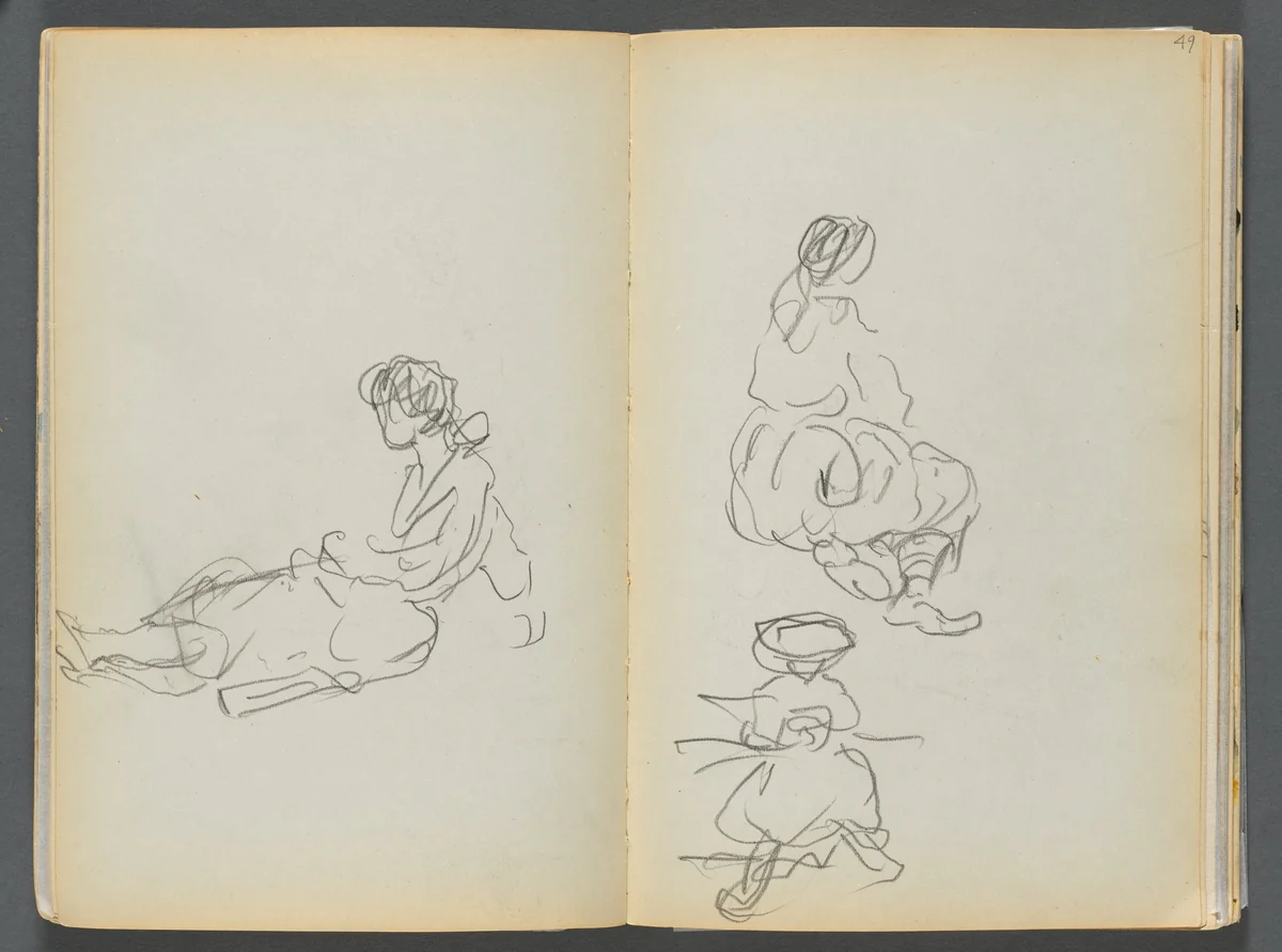 Sketchbook- The Granite Shore Hotel, Rockport, page 048 & 49: Seated Female Figures by Maurice Prendergast, book, 1905-1910