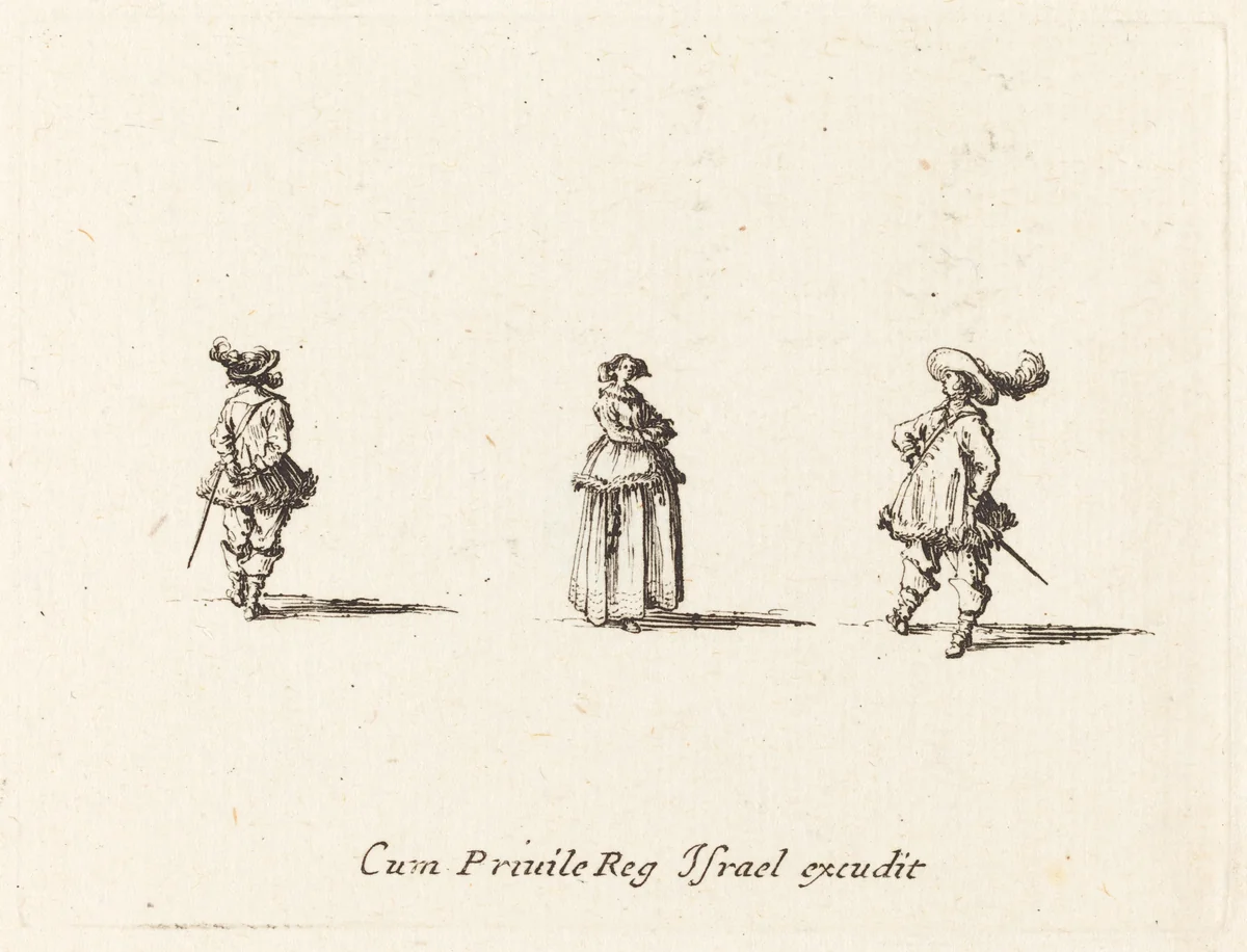 Lady with Arms Folded, and Two Gentlemen by Jacques Callot, print, 1628-1638