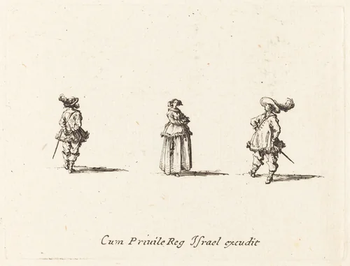 Lady with Arms Folded, and Two Gentlemen by Jacques Callot, print, 1628-1638