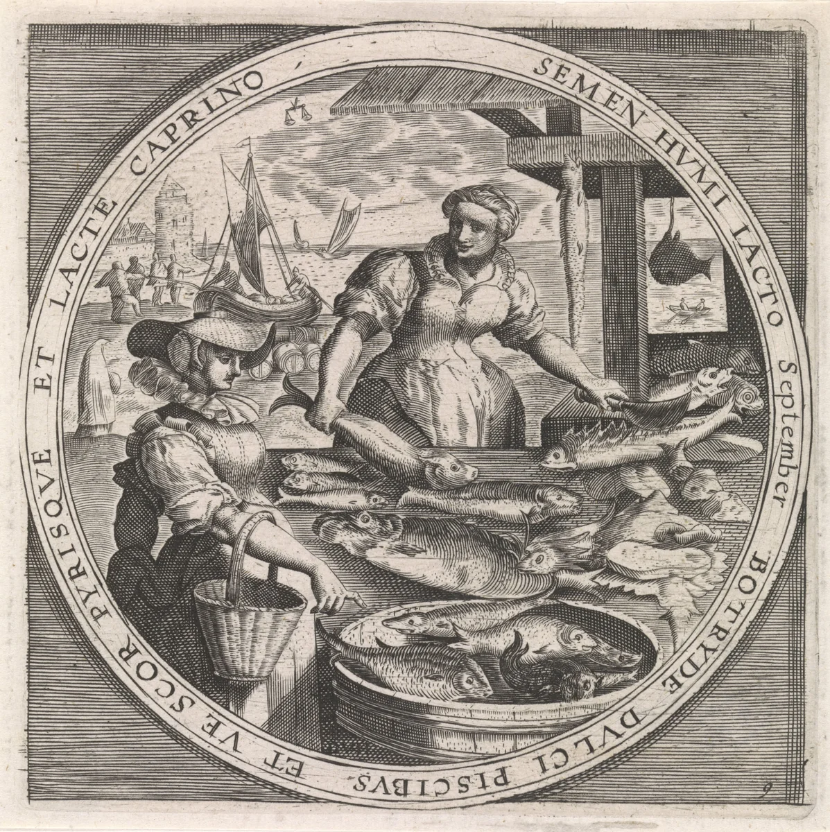 September: visverkoopster by anonymous, print, 1574-1687