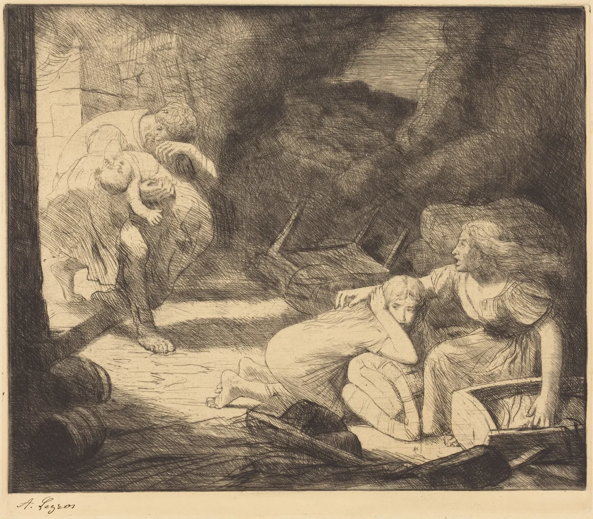 The Fire, 2nd plate (L'incendie) by Alphonse Legros, print, 1837-1911