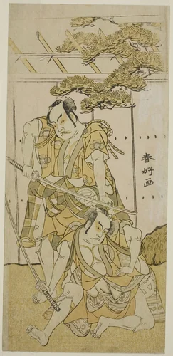 The Actors Otani Hiroji III as Onio Shinzaemon (right), and Nakamura Sukegoro II as Wappa no Kikuo (left) in the Play Iro Moyo Aoyagi Soga, Performed at the Nakamura Theater in the First Month, 1775 by Katsukawa Shunko, print, 1770-1780