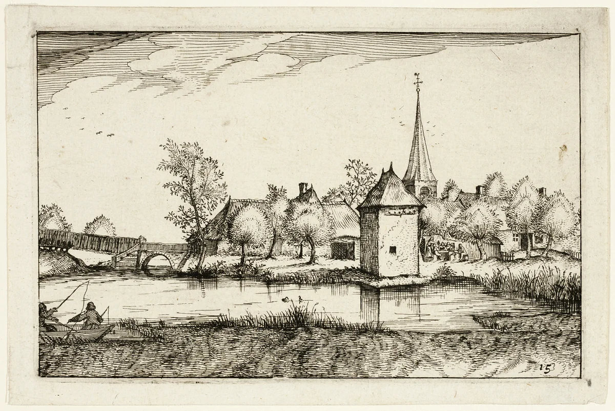 Pond and a Village, plate fifteen after Pictures of Farms, Country Houses and Rustic Villages (Praediorum villarum et rusticarum casularum icones) by Claes Jansz Visscher, print, 1612