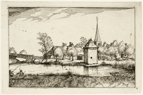 Pond and a Village, plate fifteen after Pictures of Farms, Country Houses and Rustic Villages (Praediorum villarum et rusticarum casularum icones) by Claes Jansz Visscher, print, 1612