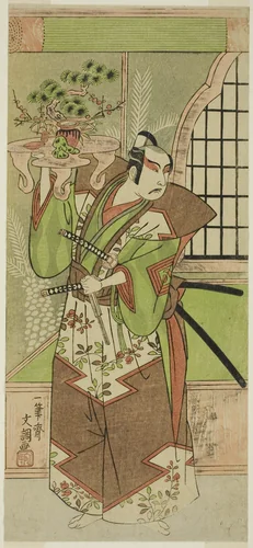 The Actor Ichikawa Yaozo II in a pre-performance celebration of the play "Soga Monogatari," performed at the Morita Theater in the second month, 1773 by Ippitsusai Buncho, print, 1773