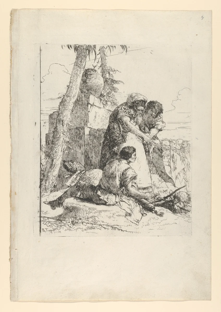 Magician pointing out a burning head to two youths, from the Scherzi by Giovanni Battista Tiepolo, print, 1738-1755