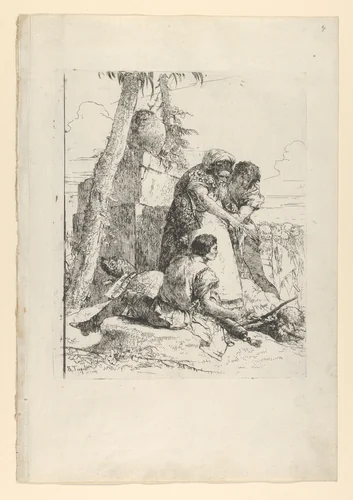 Magician pointing out a burning head to two youths, from the Scherzi by Giovanni Battista Tiepolo, print, 1738-1755