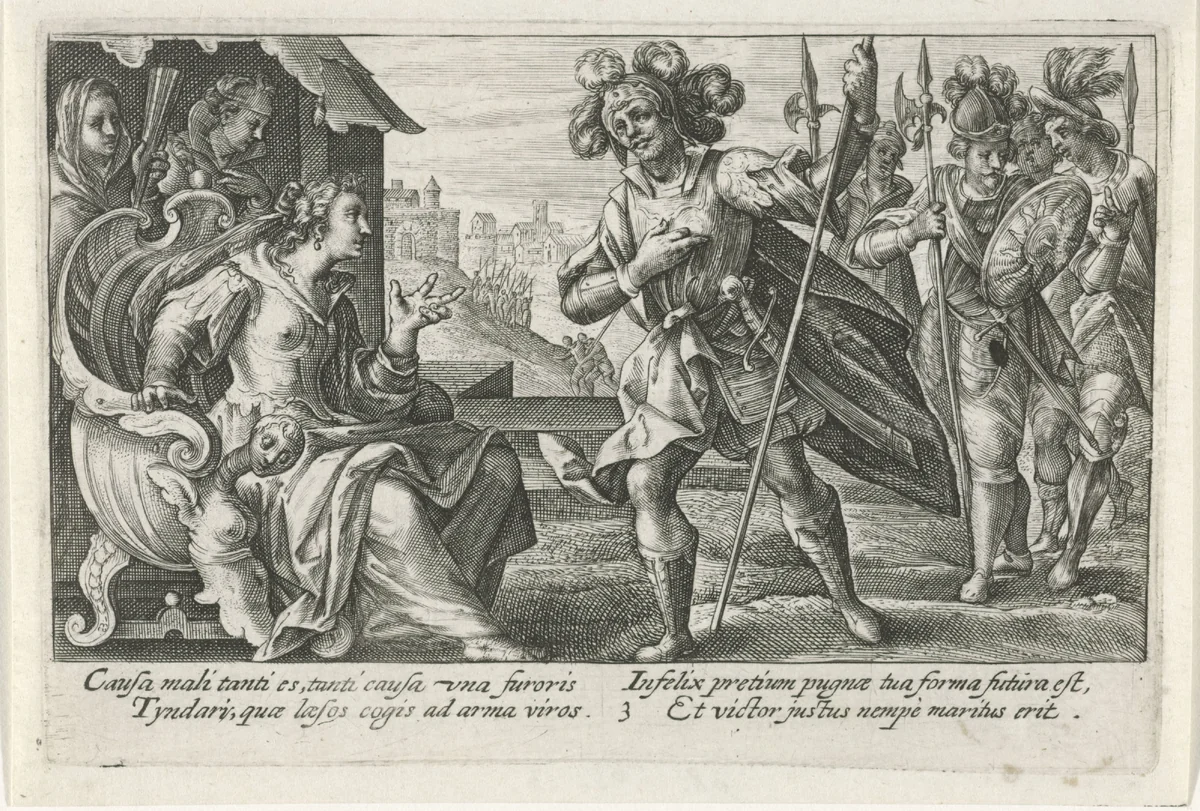 Paris verklaart zijn liefde aan Helena by Crispijn van de Passe, print, 1613