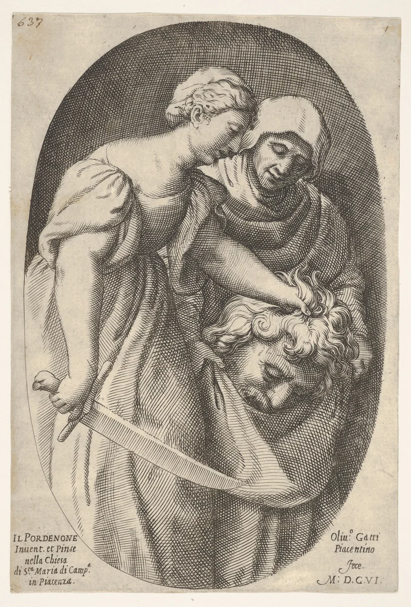 Judith with the head of Holofernes in her left hand and a sword in her right hand, accompanied by a female attendant, from a series of four Old Testament subjects by Oliviero Gatti, print, 1606