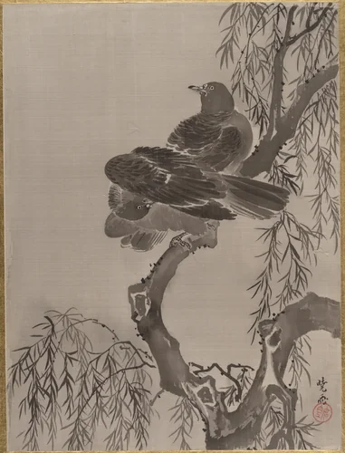 Two Birds on a Branch by Kawanabe Kyōsai (河鍋暁斎), painting, 1877-1897