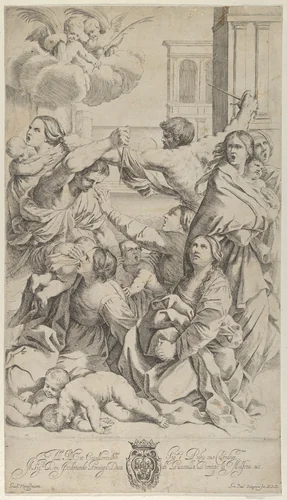 Massacre of the Innocents; group of women and children being attacked, two angels at upper left, after Reni by Gian Battista Bolognini, print, 1635-1670