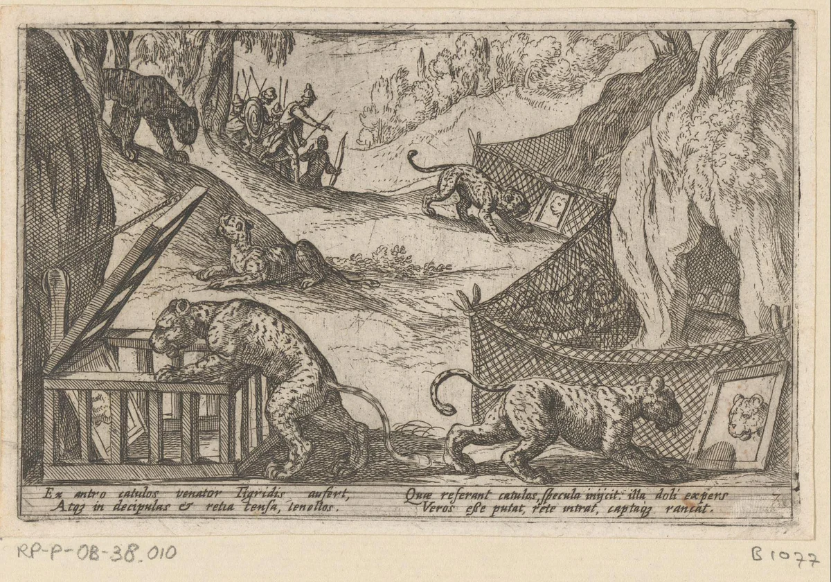 Jagers vangen luipaarden met spiegels by Antonio Tempesta, print, 1602