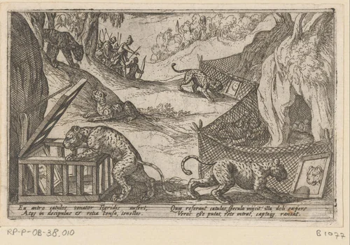 Jagers vangen luipaarden met spiegels by Antonio Tempesta, print, 1602
