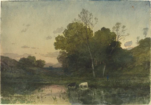 Evening Light on a Wooded Lakeside with Cattle Drinking by Henri Joseph Harpignies, drawing, 1882