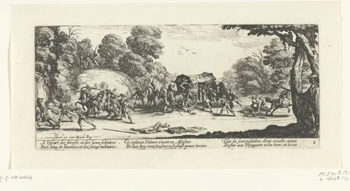 Soldaten overvallen reizigers by Jacques Callot, print, 1633