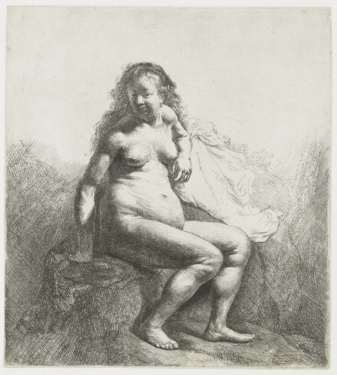 Naked woman on a mound by Rembrandt van Rijn, print, 1631