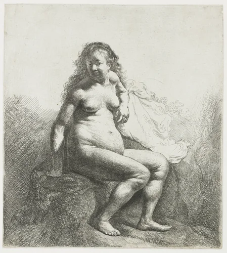 Naked woman on a mound by Rembrandt van Rijn, print, 1631
