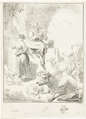 Fluitspelende herder en spinnende herderin by Jurriaan Cootwijck, print, 1724-1798