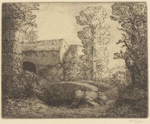 Bridge at the Mill (Le pont du moulin) by Alphonse Legros, print, 1837-1911