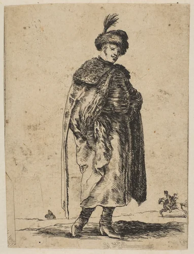 Polish man with a mustache wearing a fur coat and a hat with a feather by Stefano della Bella, print, 1643-1653