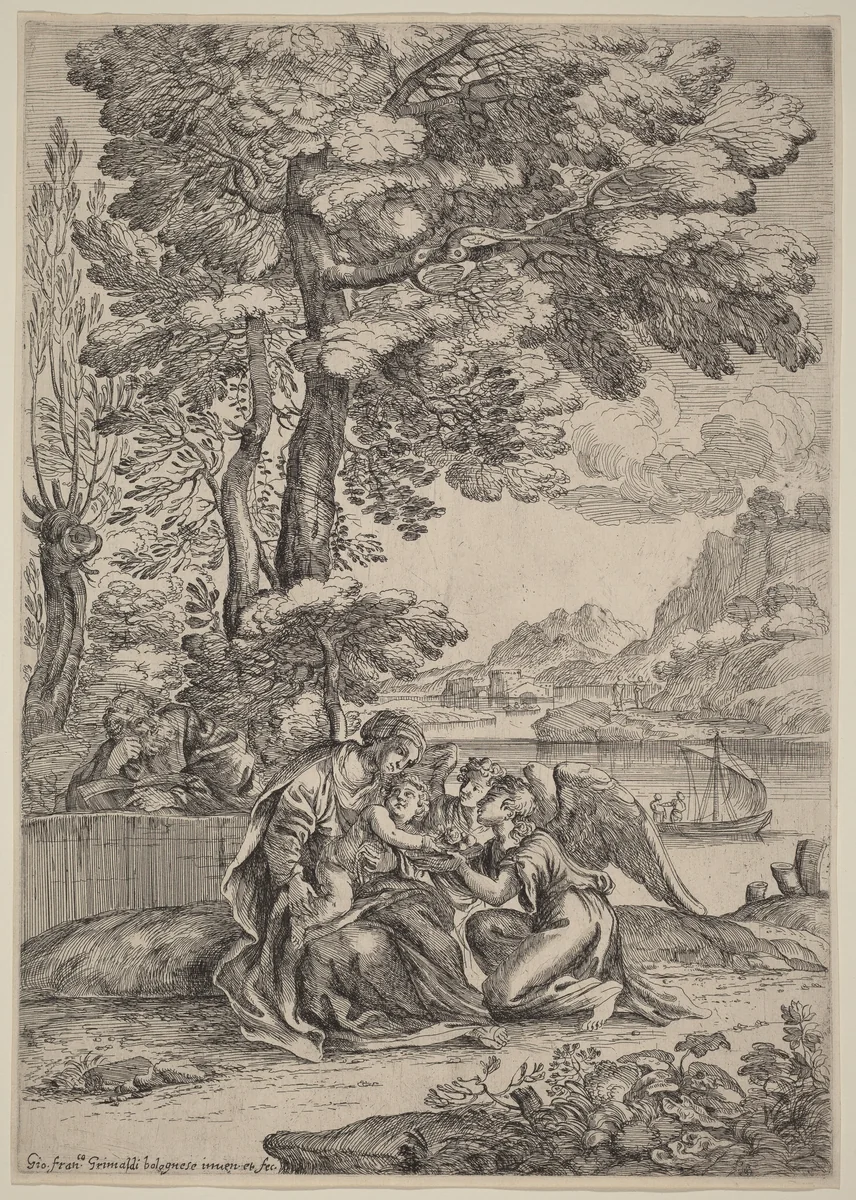 The Rest on the Flight into Egypt by Giovanni Francesco Grimaldi, print, 1606-1680