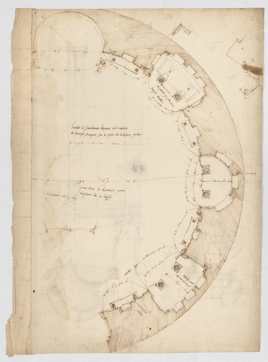 Pantheon, partial plan; details (recto) Pantheon, rectangular niche, perspective; vault, detail (verso) by anonymous, drawing, 1500-1560