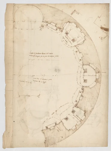 Pantheon, partial plan; details (recto) Pantheon, rectangular niche, perspective; vault, detail (verso) by anonymous, drawing, 1500-1560
