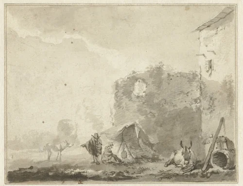 Italianiserend landschap met een ruïne, twee mensen bij een vuurtje en ezeltjes by anonymous, drawing, 1600-1699