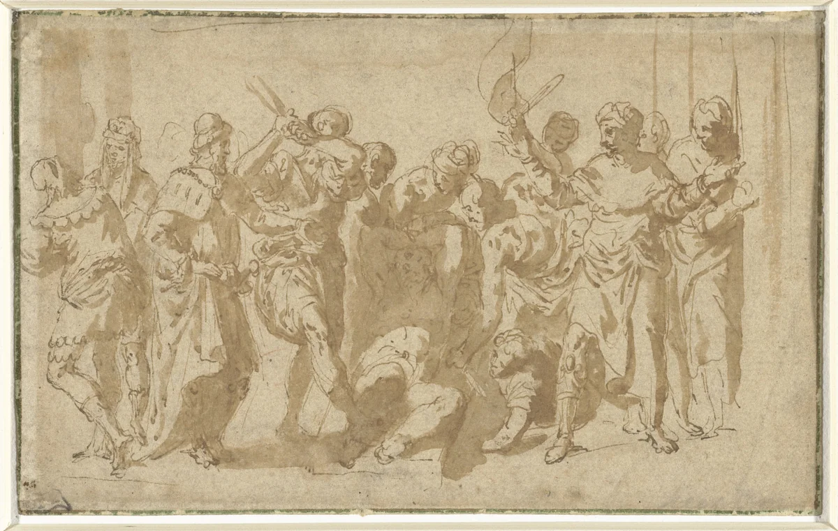 Marteling van de heilige Sebastiaan (?) by anonymous, drawing, 1500-1599