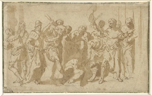 Marteling van de heilige Sebastiaan (?) by anonymous, drawing, 1500-1599